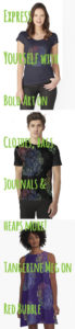 Tall image with 3 people wearing clothes printed with Tangerine Meg design "rainbow flowers" and hand-written looking font for header text