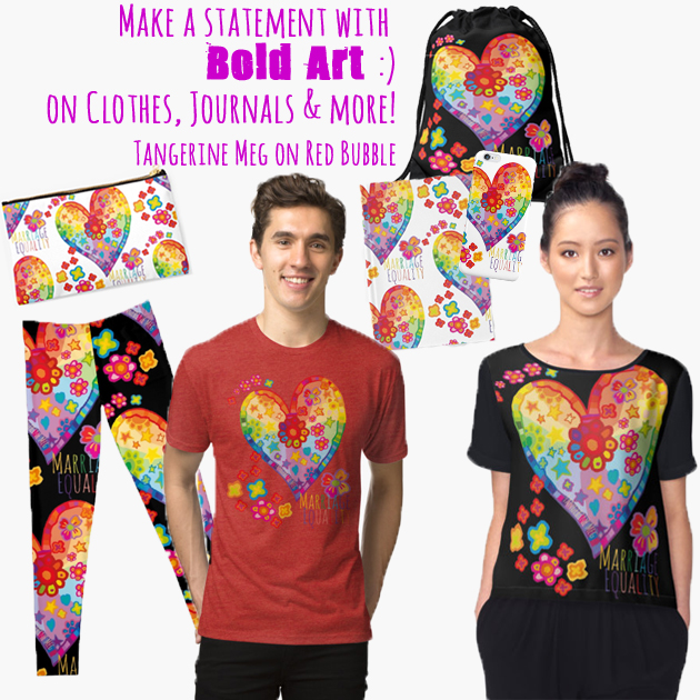 A selection of Red Bubble objects with a graphic heart design, and the wording "Marriage Equality" on them.