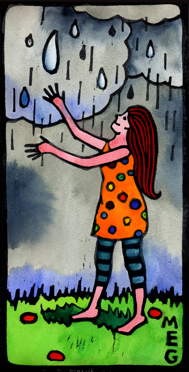 Lino Print art of girl in a spotty orange dress and stripy tights, welcoming rain drops from a heavenly cloudy sky. Black lino print outlines, hand-coloured with bright, vibrant watercolour paints.