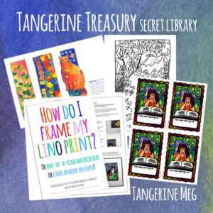 Green and blue watercolour makes a background for hand writing style lettering, that says "Tangerine Treasury secret library"