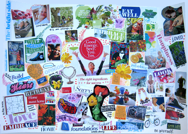 snap shot of a vision board collage with a white background and many cuttings from magazines of pictures, words and phrases
