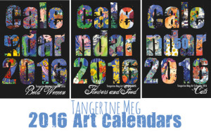 cover art for the 3 calendar themes being offered for 2016: cats, women, and flowers+food. The covers are black with large chunky lettering, inside each letter is the picture from one of the months in the calendar