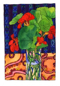 Still Life painting with red/orange flowers, green leave and complicated background patterns