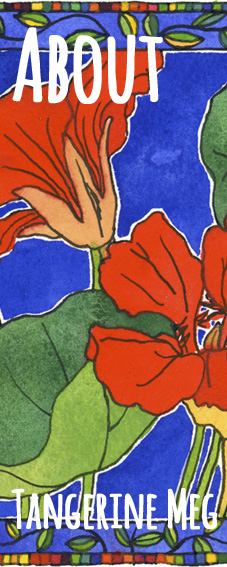 vibrant nasturtium pen and watercolour art with blue background and colourful patterned border