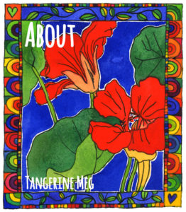 vibrant nasturtium pen and watercolour art with blue background and colourful patterned border