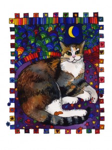 camille cat custom portrait in watercolour with tons of patterns