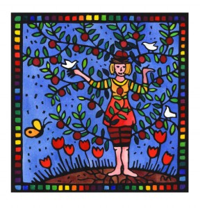 Plum Tree Lady done in black outline with bright colour including a sunny sky blue background