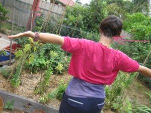 back view of person with arms stretched wide in a garden