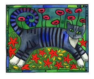 striped cat in a garden of poppies and orange ground cover - hand coloured lino print