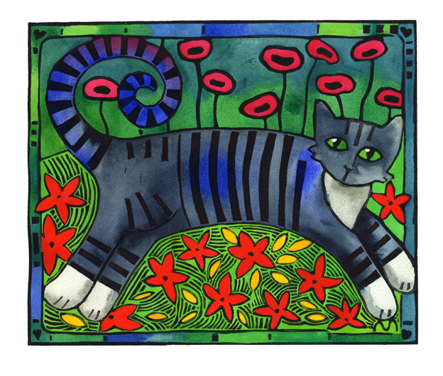 striped cat in a garden of poppies and orange ground cover - hand coloured lino print