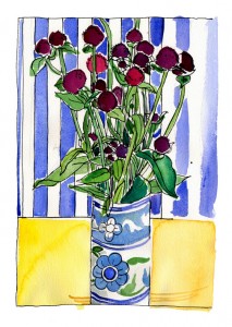 watercolour of pink pom pom flowers in floral vase with yellow table and blue stripey background