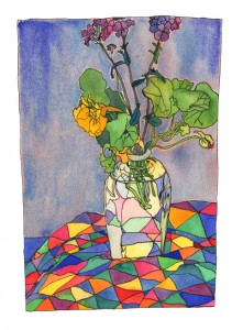 Watercolour entitled "Garden Posy, Harlequin Fabric and Nasturtiums"
