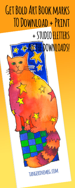 Header image for "Downloadable bookmark: Star Cat" featuring quirky Tangerine Meg artist drawing
