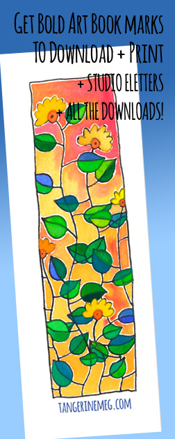 Header image for "Downloadable bookmark: blooming flowers" featuring quirky Tangerine Meg artist drawings