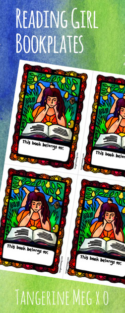 green and blue watercolour background with hand-lettered looking font saying "Reading Girl Bookplates" with an askew image of a page of 4 bookplates, each with a lino printed image of a reading girl