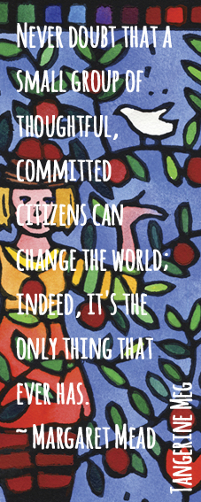"Thriving", hand-coloured lino print by Tangerine Meg, as a backdrop for Margaret Mead quote in hand-lettered looking text