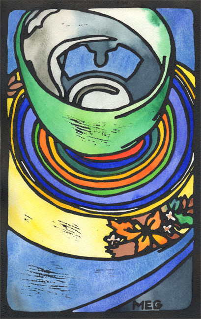 Lino print of a colourful stack of crockery by Tangerine Meg