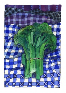 green broccoli on blue and white gingham