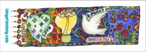Love.Light.Peace bookmark artwork, with imagery of a heart, a light bulb, and a white dove, with patterns, flowers, and a border