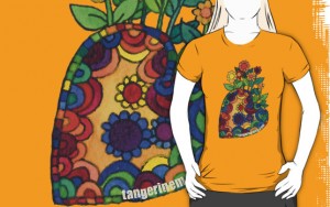 right-leaning heart garden on an orange tshirt