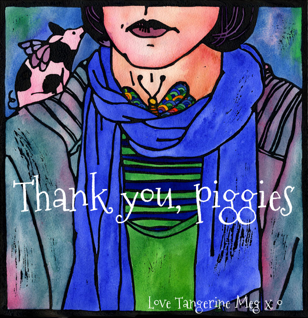 Header picture for Thyroid Art blog post: self portrait rugged up warmly, with a flying pig on my shoulder, and a jewel coloured butterfly on the front of my neck