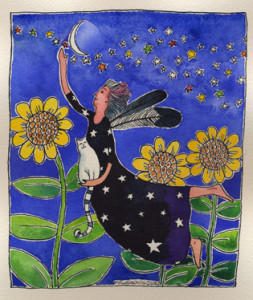 grey haired angel flying above the moon flowers and with a cat companion