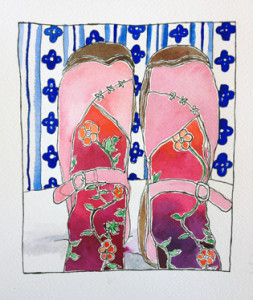 pink mary jane shoes with flowery socks and blue and white stripey wallpaper background