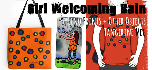 Objects imprinted with artwork from lino print by Tangerine Meg, including a bag, a phone case and a tshirt.