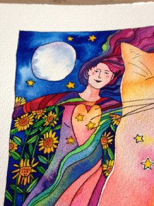 Sparkles of light and life radiating from a cat's purr to the woman's heart. A flower field lit by the moon is the scene.