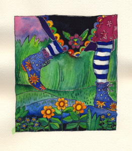 38 of 50 birthday bold art project paintings_the shoes of sincerity, worn with stripey tights & a flowery coat