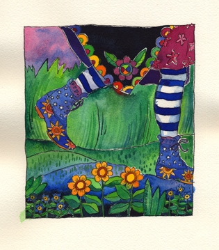 38 of 50 birthday bold art project paintings_the shoes of sincerity, worn with stripey tights & a flowery coat