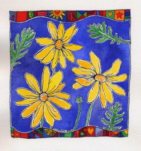 Yellow Daisies, green leaves, and a blue background