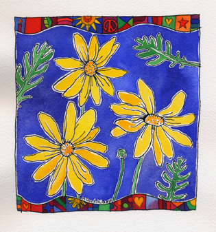48th Painting of my 50th Birthday Bold Art Project - yellow daisies watercolour with blue background