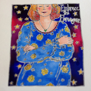 woman with her eyes closed, contemplating her inner life, whilst wearing a blue dress with yellow flowers