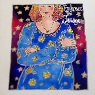 49th painting of my 50th Birthday Bold Art Project_Embrace the Flawesome - Lady in a blue dress with yellow flowers, contemplating