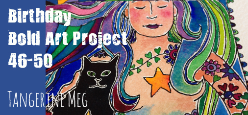 Tangerine Meg watercolour of mermaid and her cat - lots of blues and greens - header for final post about Birthday Bold Art Project