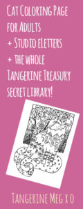 pink background with pale hand-lettered looking font saying "Cat Coloring Page for Adults" with an askew image of black and white cat colouring page