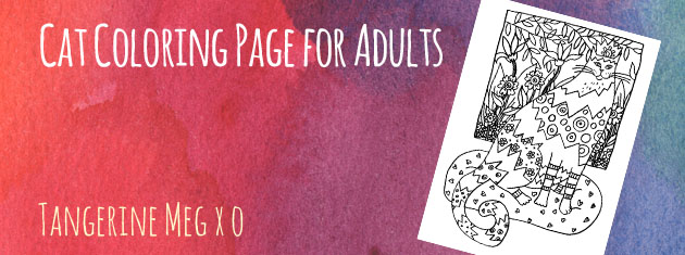 watercolour-y pink background with pale hand-lettered looking font saying "Cat Coloring Page for Adults" with a jauntily tilted image of black and white cat colouring page