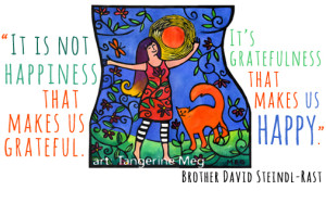colourful art of woman and her cat in the sun; paired with David Steindl-Rast gratitude and happiness quotation