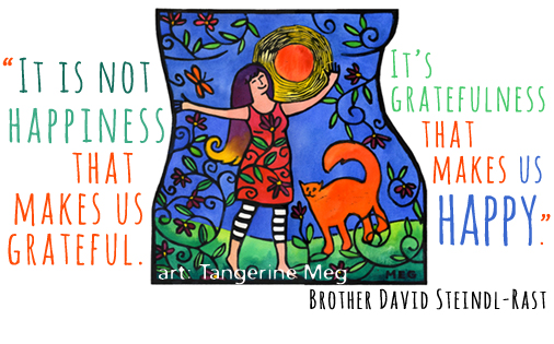 colourful art of woman and her cat in the sun; paired with David Steindl-Rast gratitude and happiness quotation