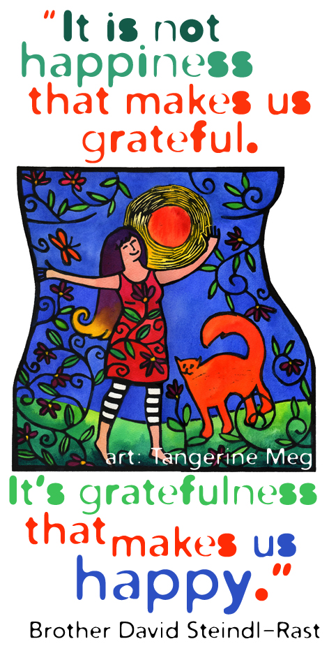 LIno print of happy woman and her cat in the sunshine; the sky is blue; the sun, cat and dress are orange, vine tendrils decorate the sides.