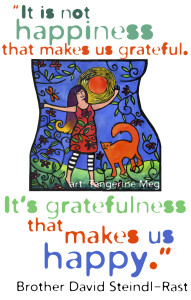 Hand coloured lino print of happy woman with her cat - orange blue and green color scheme - paired with gratitude quote
