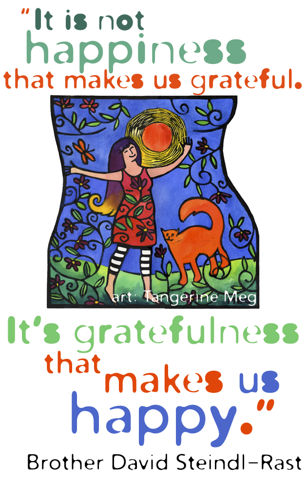 Hand coloured lino print of happy woman with her cat - orange blue and green color scheme - paired with gratitude quote 