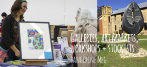 photo of Tangerine Meg chatting with a bold soul and photo of a sculpture in the garden outside a gallery