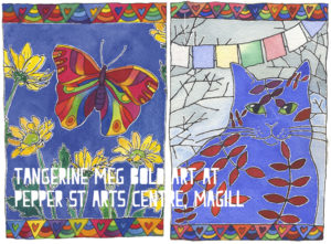 2paintings by Tangerine Meg currently showing at Pepper St Art Centre, Magill, South Australia