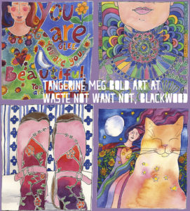 4 "birthday" paintings by Tangerine Meg currently showing at Waste Not Want Not, Main Road, Blackwood, South Australia