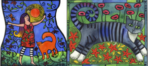 2 hand coloured lino prints by Tangerine Meg currently showing at Urban Cow Adelaide
