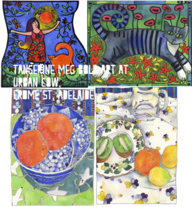 4 paintings/prints by Tangerine Meg currently showing at Urban Cow Adelaide