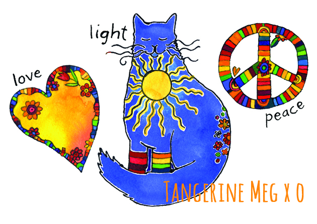 Painted drawing of a flowery heart, a sunshiny cat and a stripey peace sign: love, light, peace