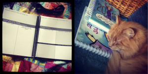 Two photos of planners side by side. One has an orange cat sleeping on it, the other is displayed on a beautiful patchwork quilt.